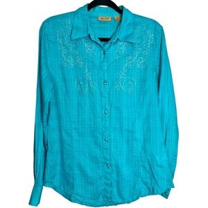 Wrangler Cowgirl Blue Pearl Snap Button Rhinestone Cotton Long Sleeve Shirt M